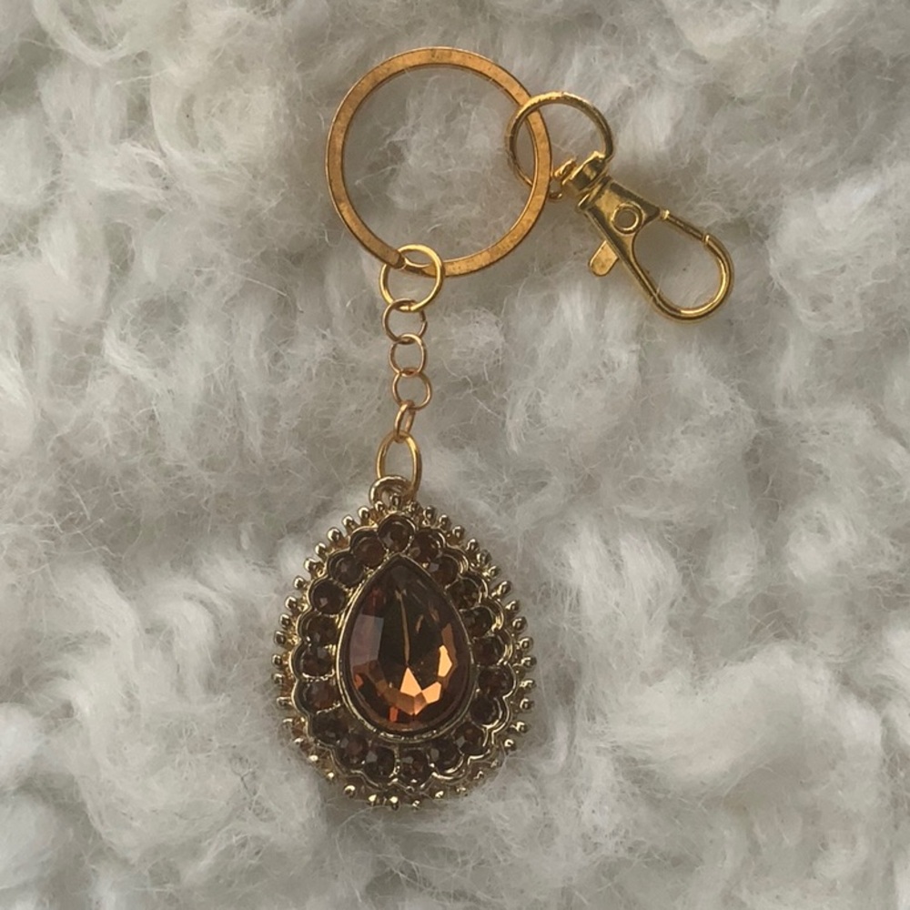 Gold Teardrop Crystal Keychain/Purse Charm- Amber Stone (NIP)